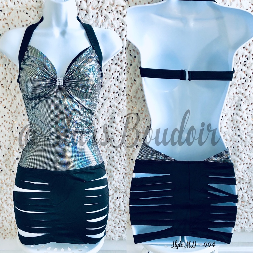 New Dance Wear Black/Silver🖤🥈Holographic Halter Mini Dress W/Rhinestone Accent